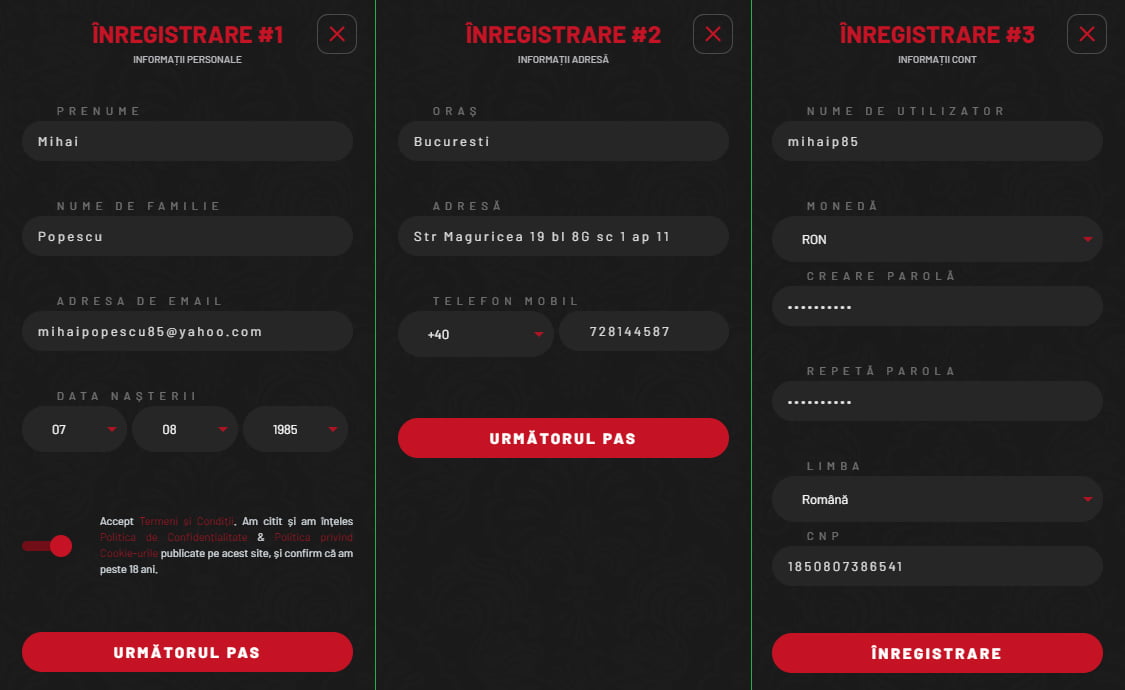 Formular de înregistrare la Casino Maxbet