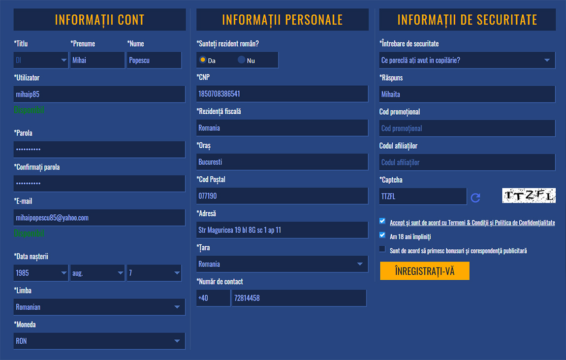 Formular de înregistrare la Casino Baumbet