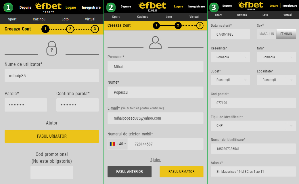 Formular de înregistrare la Casino Efbet