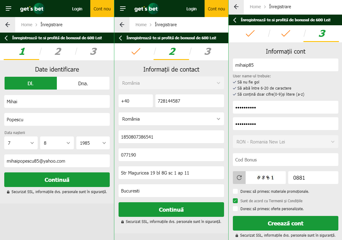 Formular de înregistrare la Casino Gets Bet