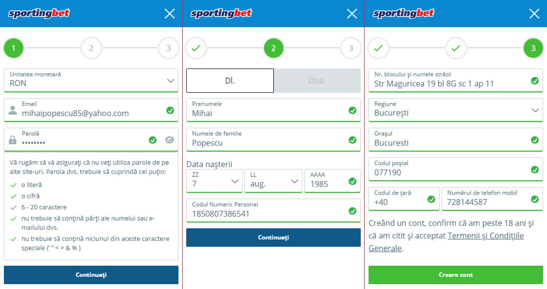 Formular de înregistrare la Casino Sportingbet