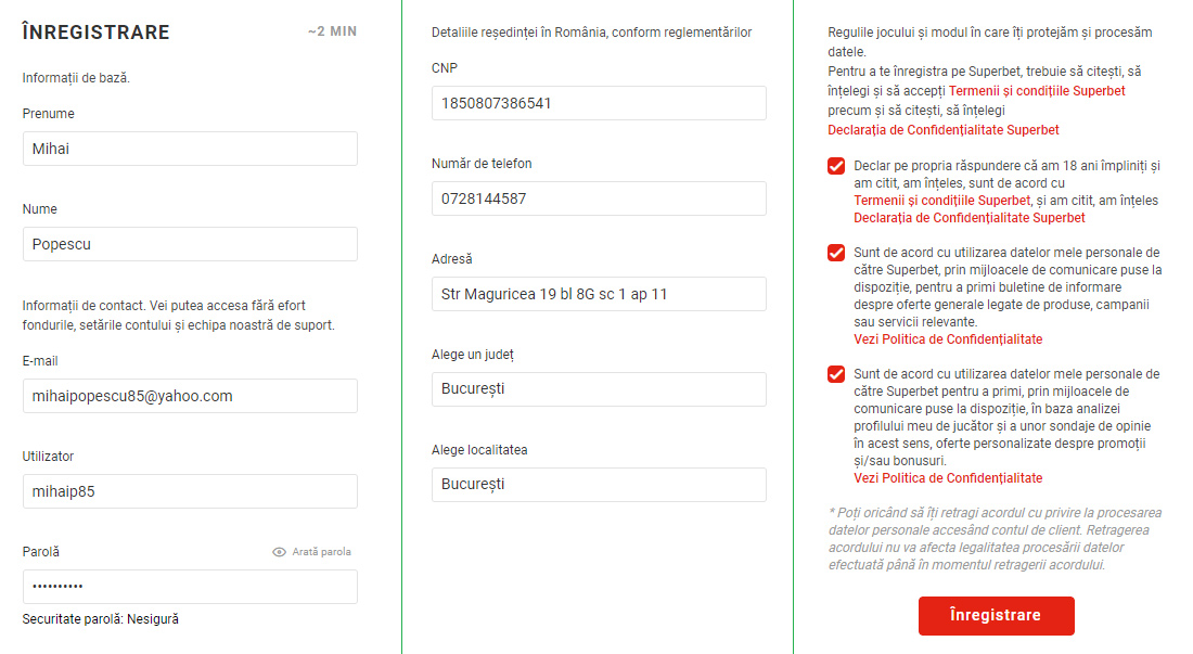 Formular de înregistrare la Casino Superbet