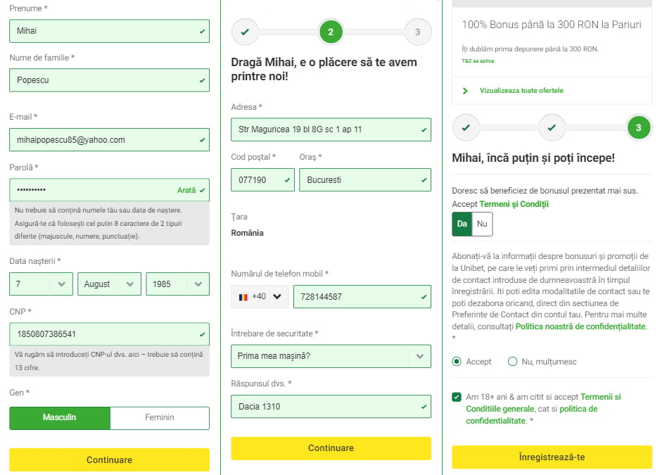Formular de înregistrare la Unibet Casino