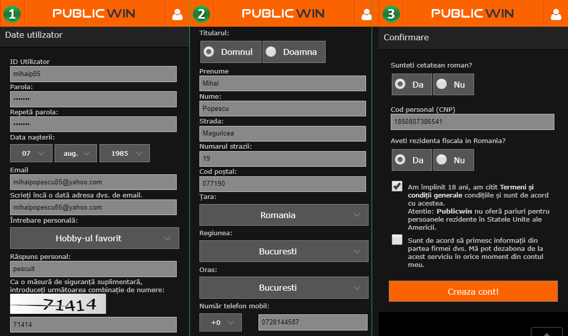 Formular de înregistrare PublicWin Casino