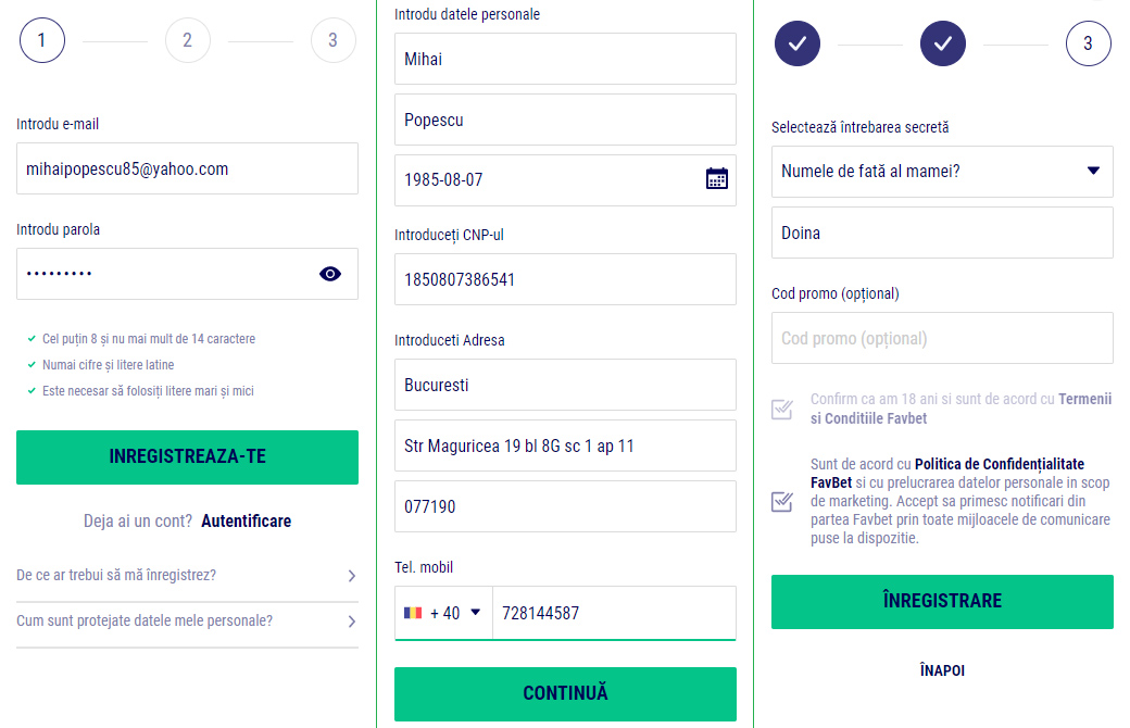 Formular de înregistrare la Favbet Casino
