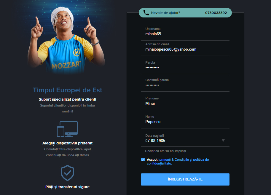 Formular de înregistrare la Mozzart Casino
