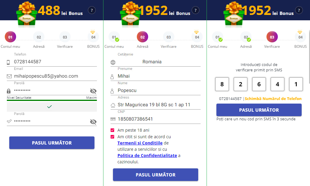 Formular de înregistrare la Winner Casino