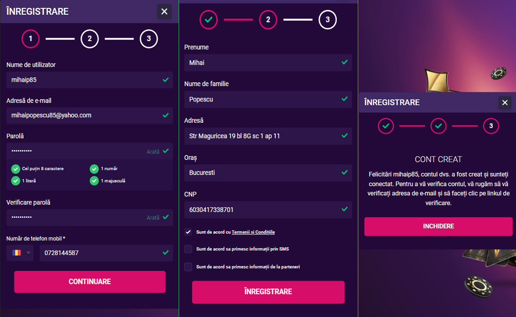 Formular de înregistrare la Player